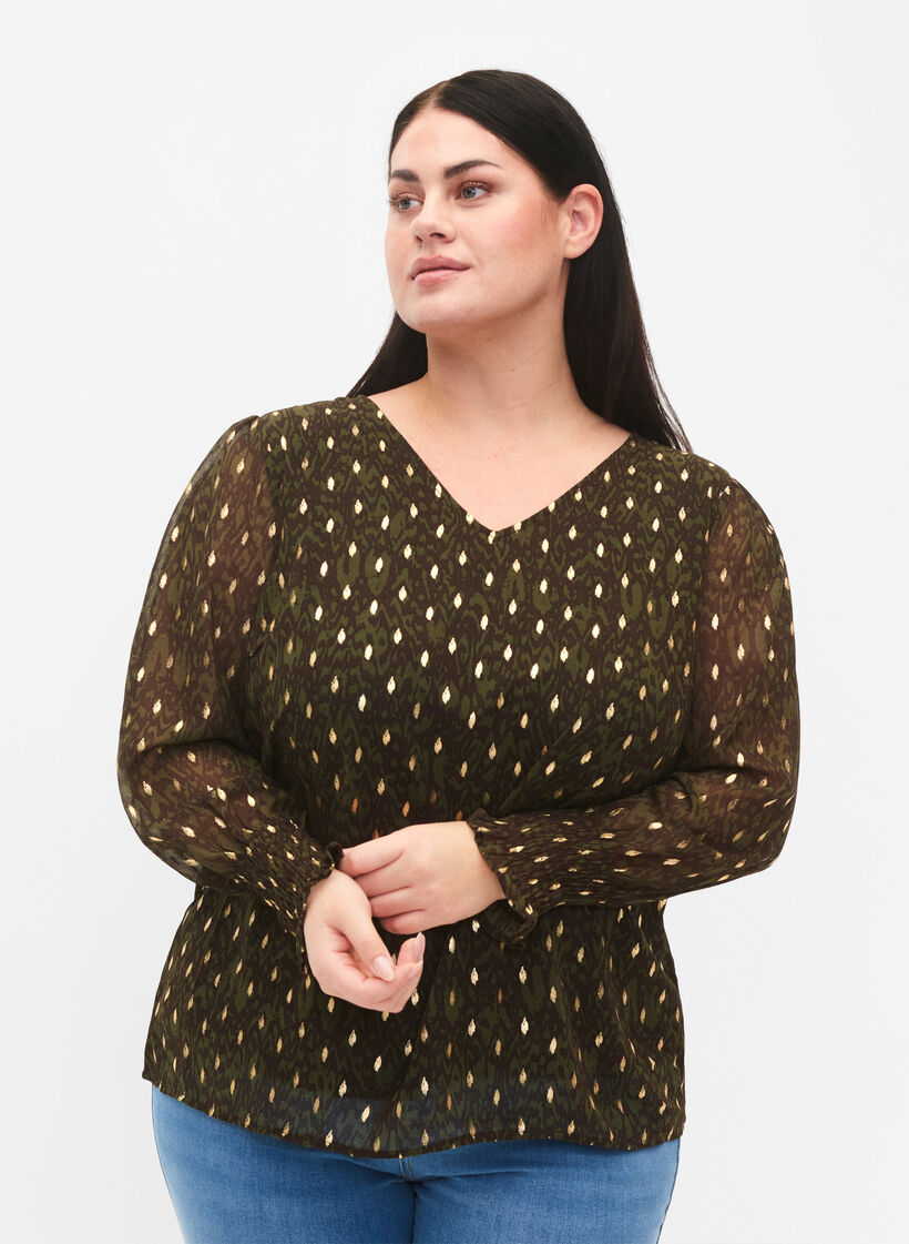 Blouse with print and long sleeves, Green Ethnic AOP, Model image number 0