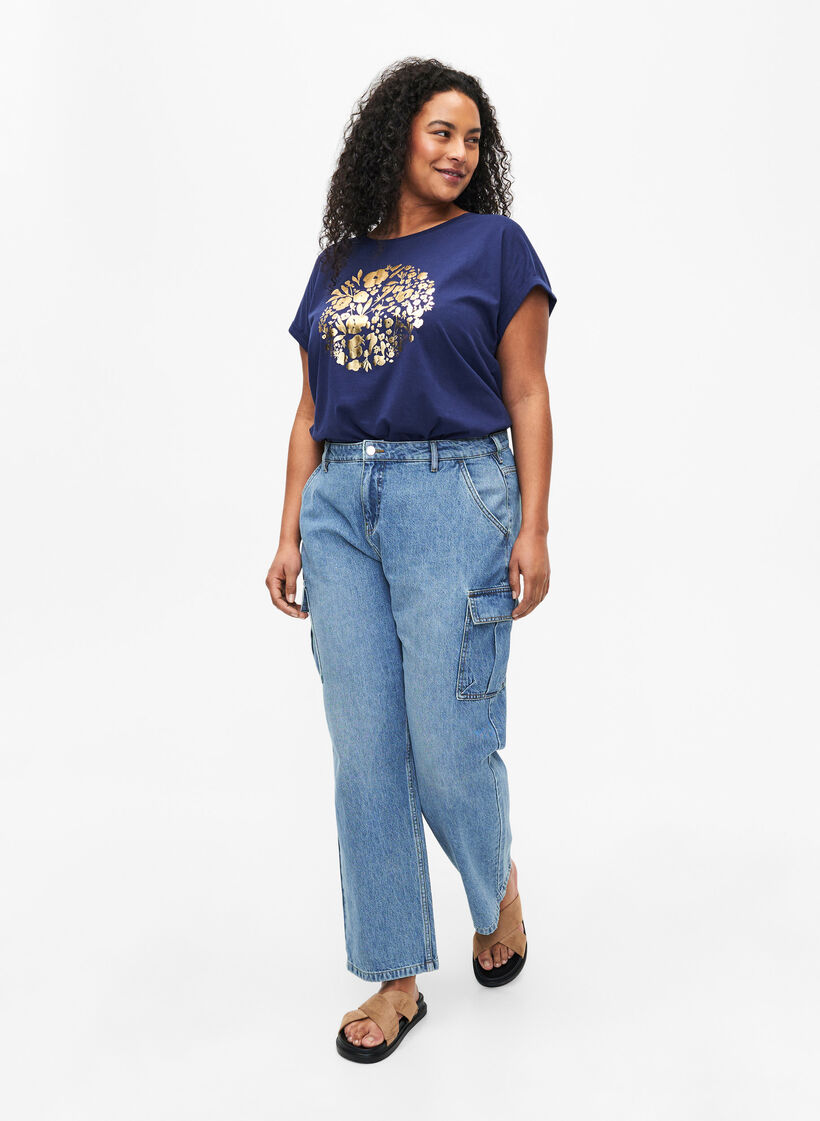 Organic cotton T-shirt with gold print, Med.Blue Gold Flower, Model image number 2