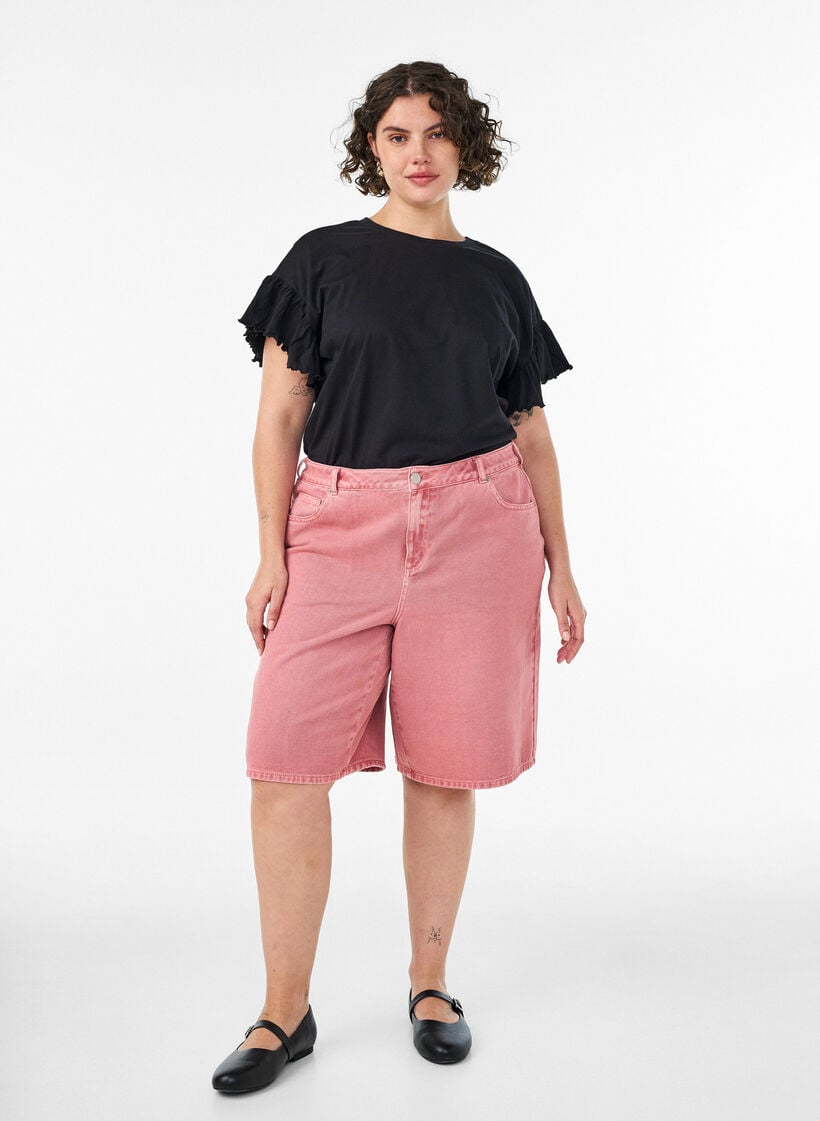 Organic cotton T-shirt with ruffle sleeves, Black, Model image number 1