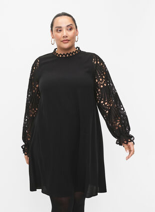 Viscose dress with crochet sleeves, Black, Model image number 0