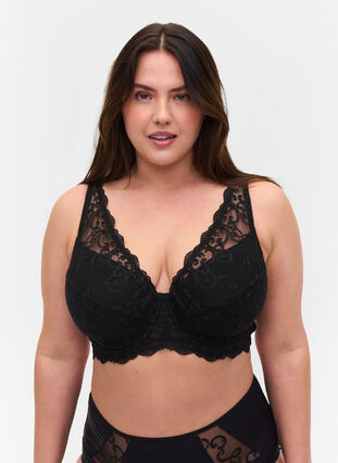 Bra with underwire, padding and lace, Black, Model image number 0