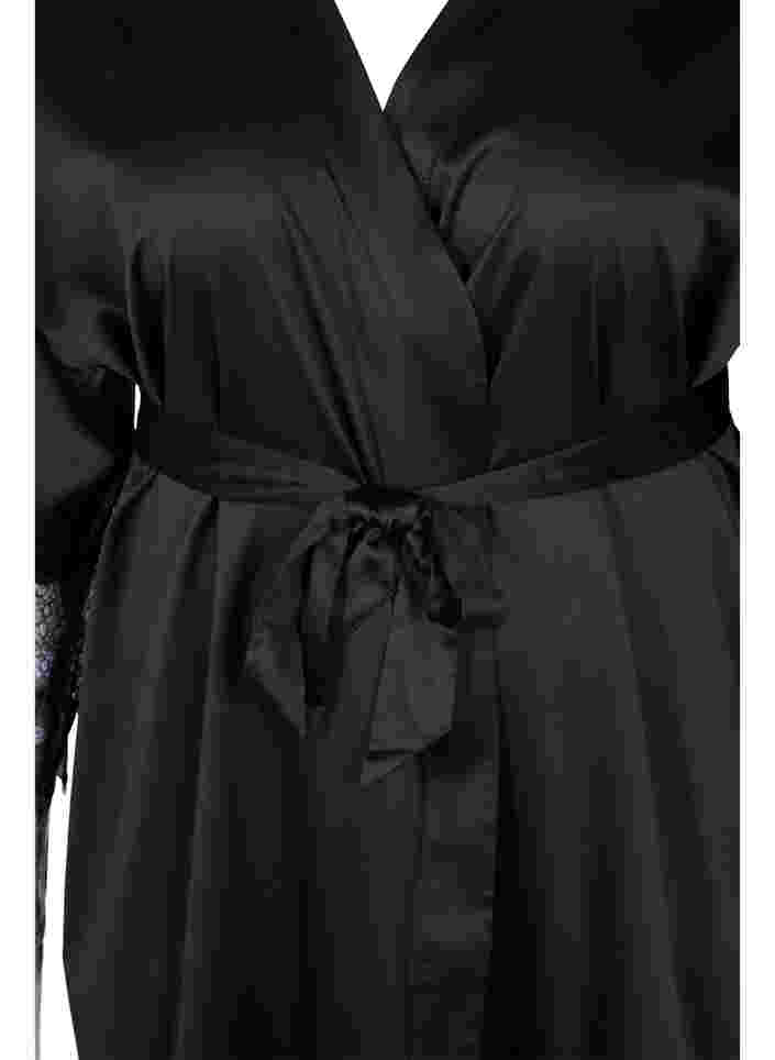 Dressing gown with lace details and tie belt, Black, Packshot image number 2