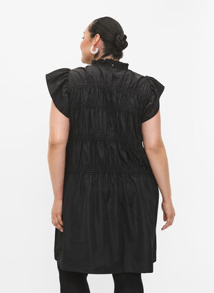 Dress with ruffles and elastic cutlines, Black, Model image number 1