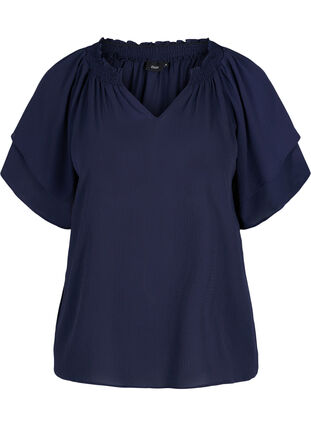 Short-sleeved v-neck blouse, Navy Blazer, Packshot image number 0