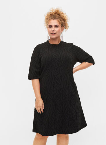 Patterned dress with glitter and short sleeves, Black/Black Lurex, Model image number 0