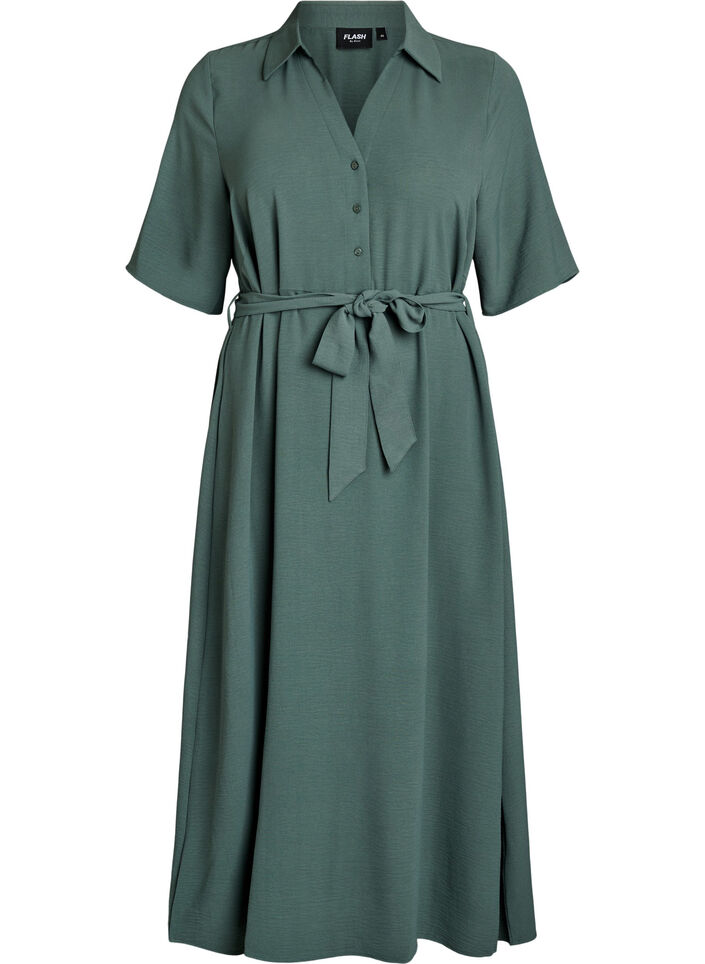 Midi shirt dress with tie belt, Green, Packshot image number 0