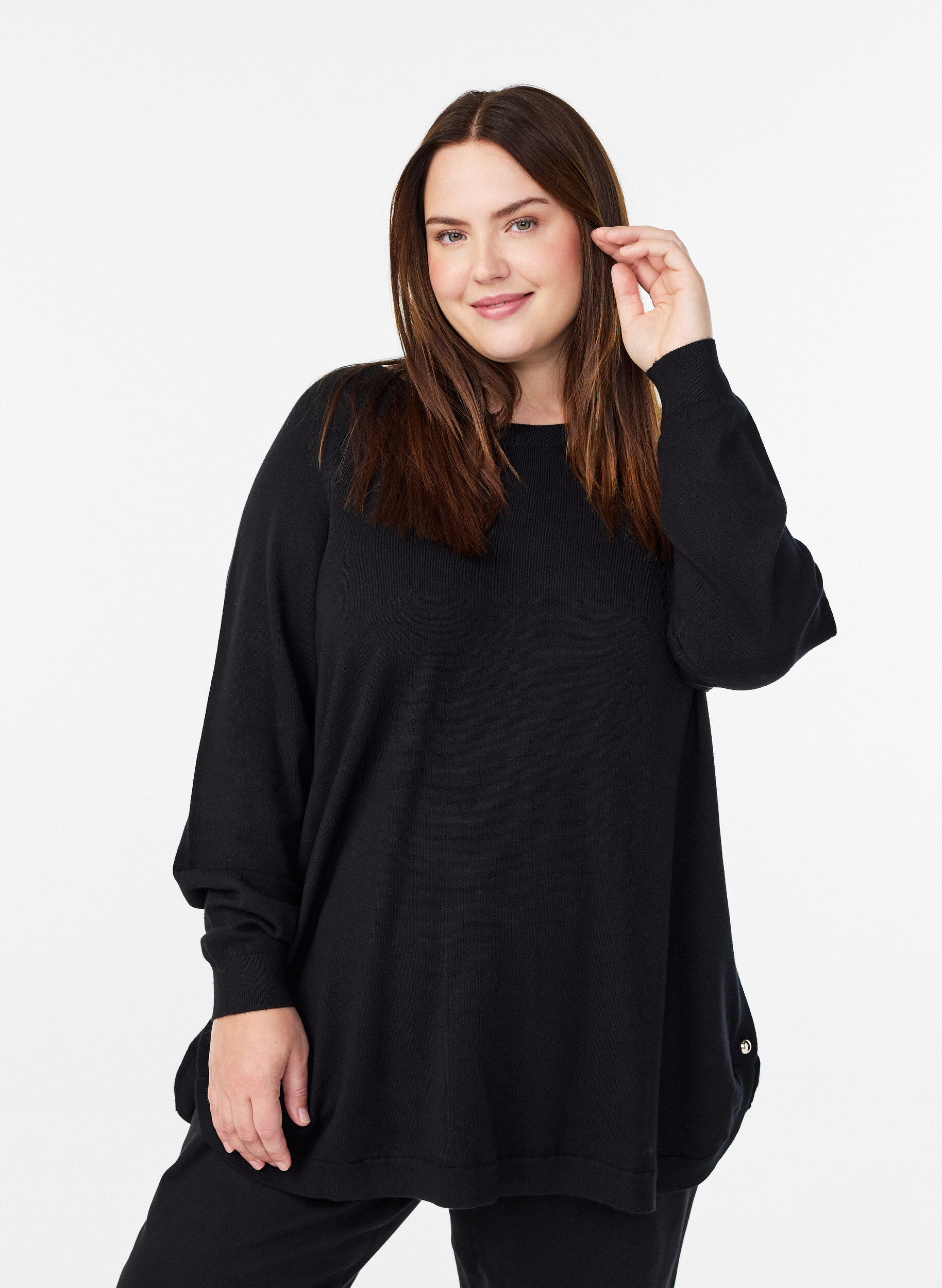 Knitted blouse with side buttons, Black, Model