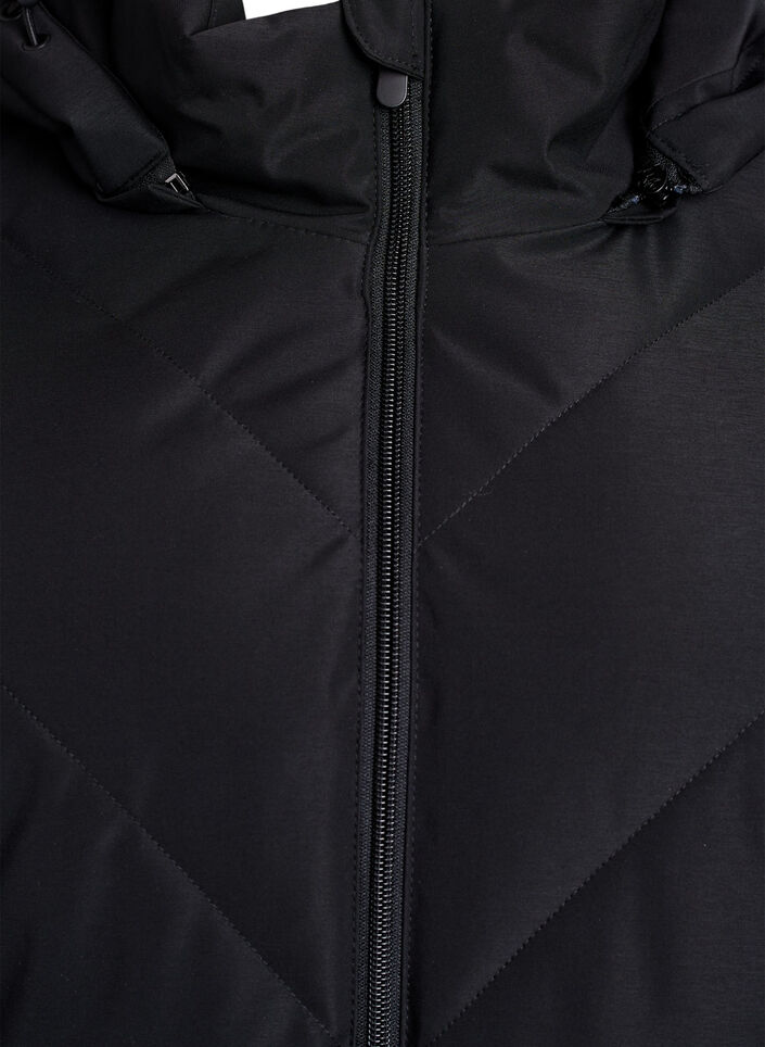 Long winter coat with hook fastenings and a faux fur collar, Black, Packshot image number 2