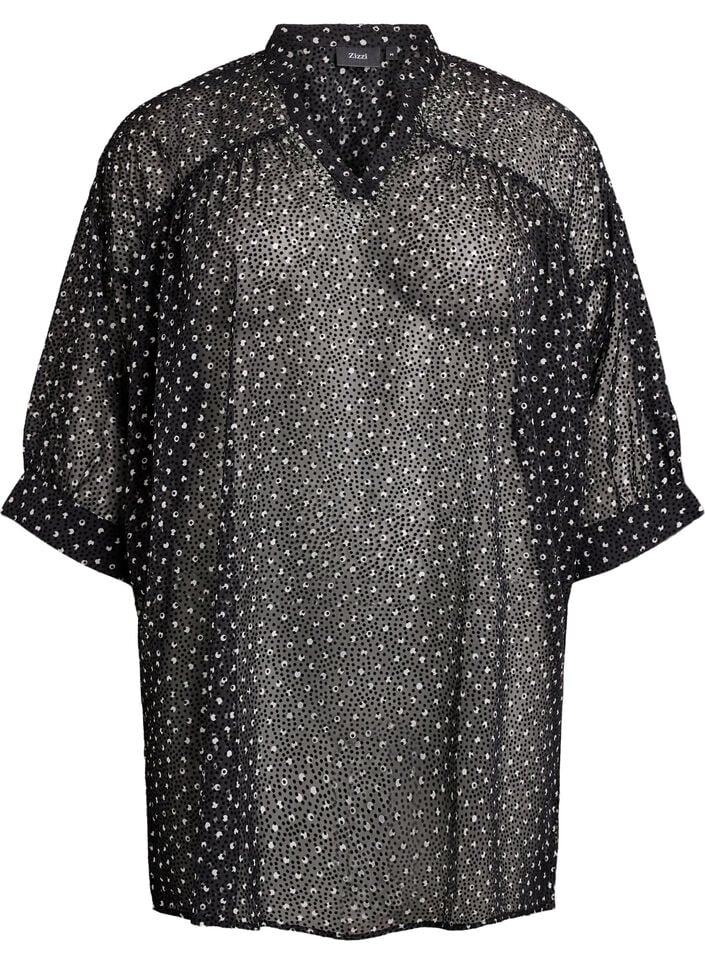 Chiffon tunic with velvet dot pattern, Black, Packshot image number 0