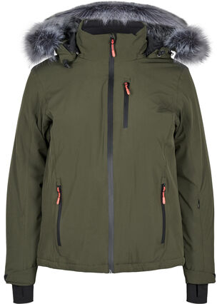 Waterproof ski jacket with removable hood and faux-fur trim, Forest Night, Packshot image number 0