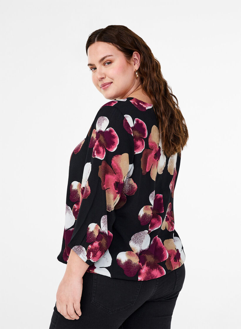 Viscose blouse with print and smock, Black, Model image number 2