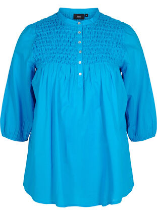 Cotton blouse with 3/4 sleeves and smock, Dresden Blue, Packshot image number 0