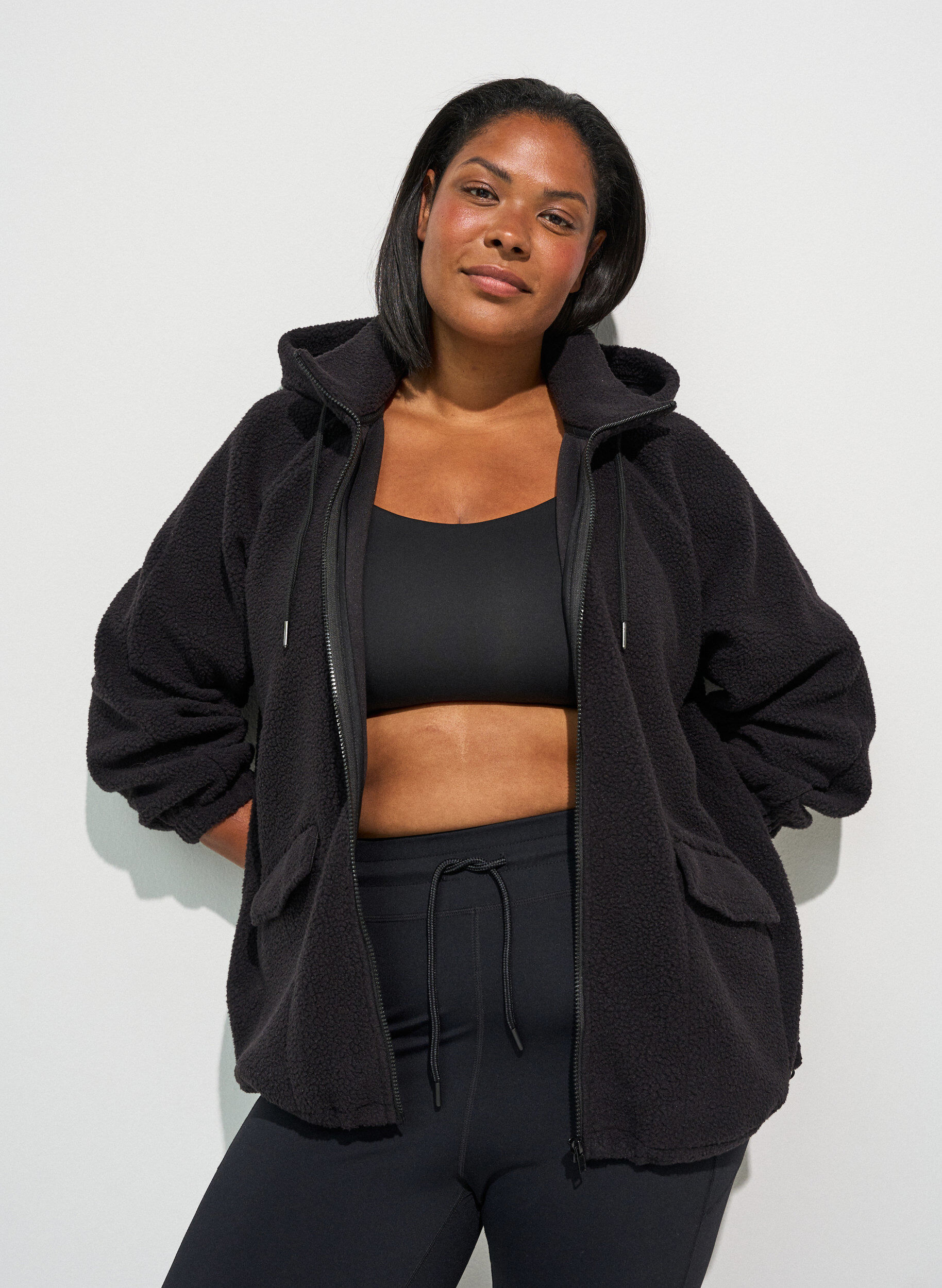 ZizzifashionTeddy jacket with a hood and zipper, Black, Model image number 0