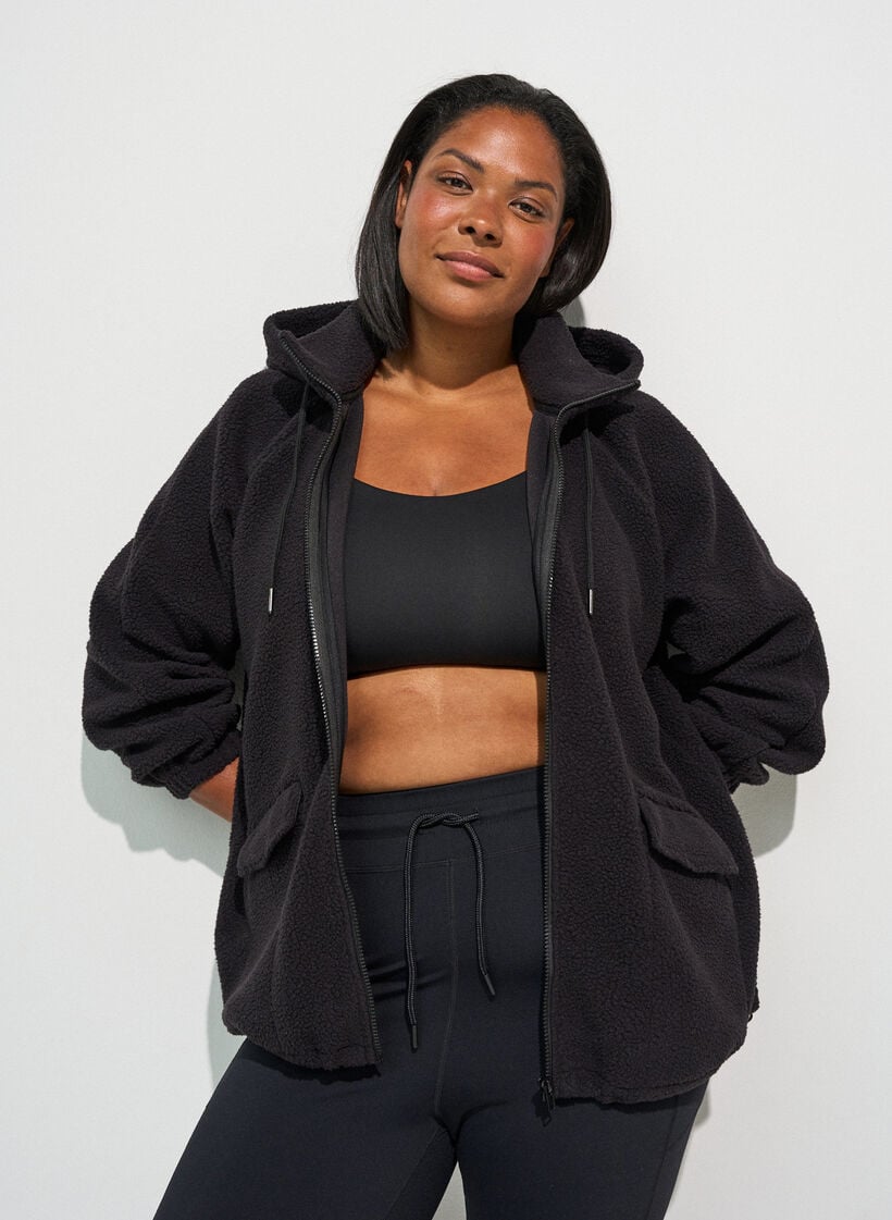 Teddy jacket with a hood and zipper, Black, Model image number 0