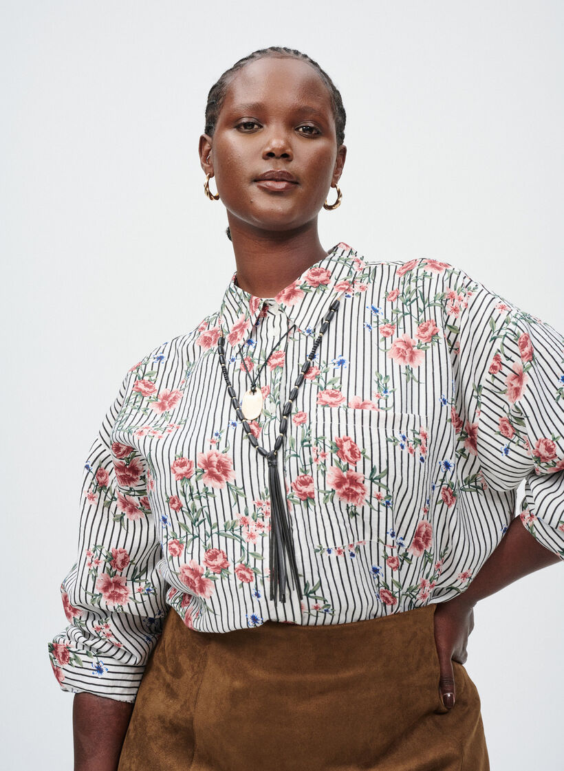 Shirt with floral print and narrow stripes, Black, Image image number 0