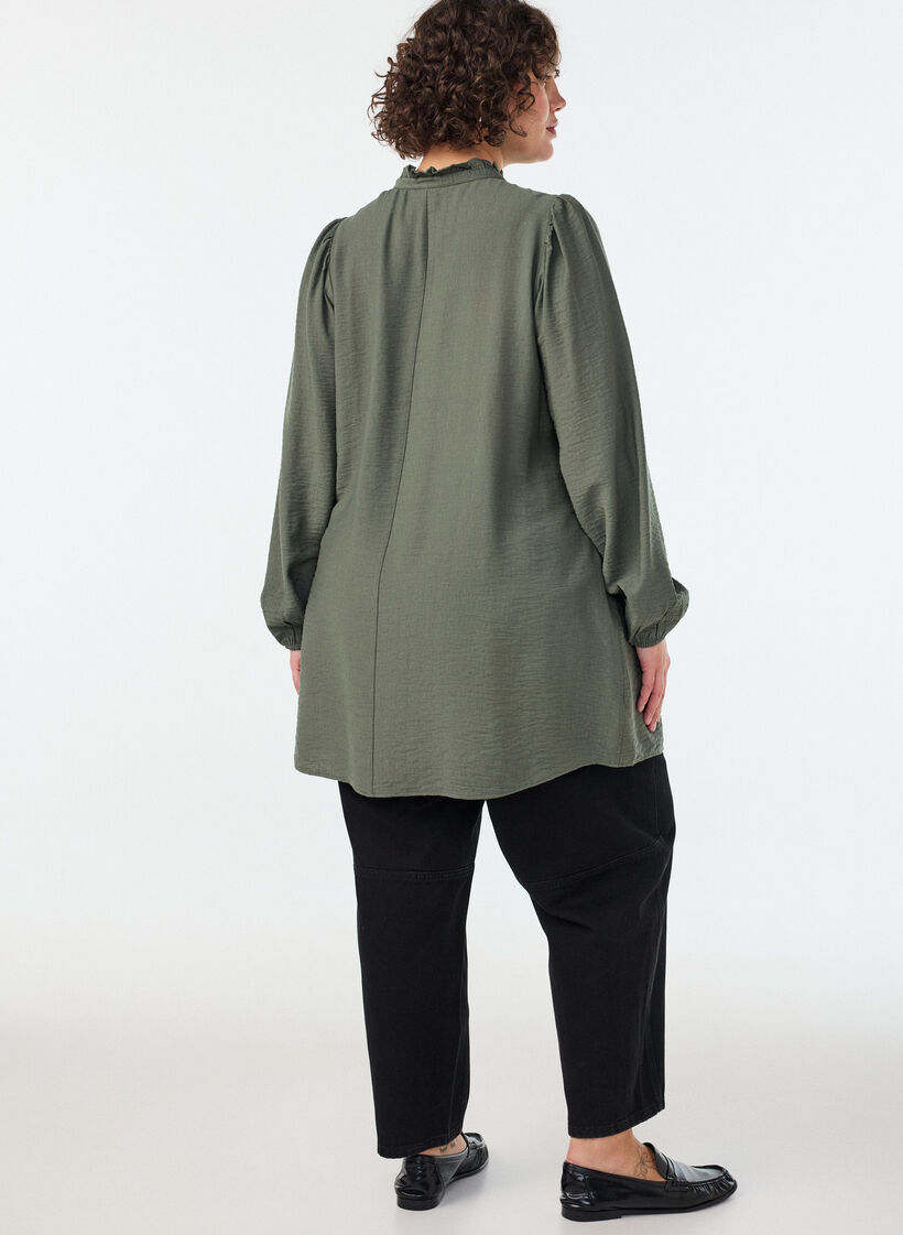 Viscose tunic with ruffles and buttons, Green, Model image number 2