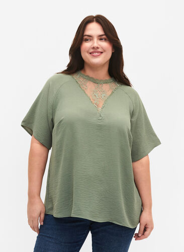 Short-sleeved blouse with lace, Lily Pad, Model image number 0