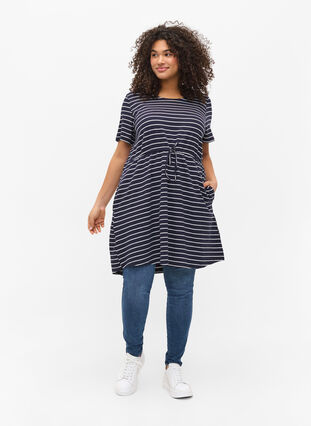 Short-sleeved cotton tunic with stripes, Blue Stripe, Model image number 2