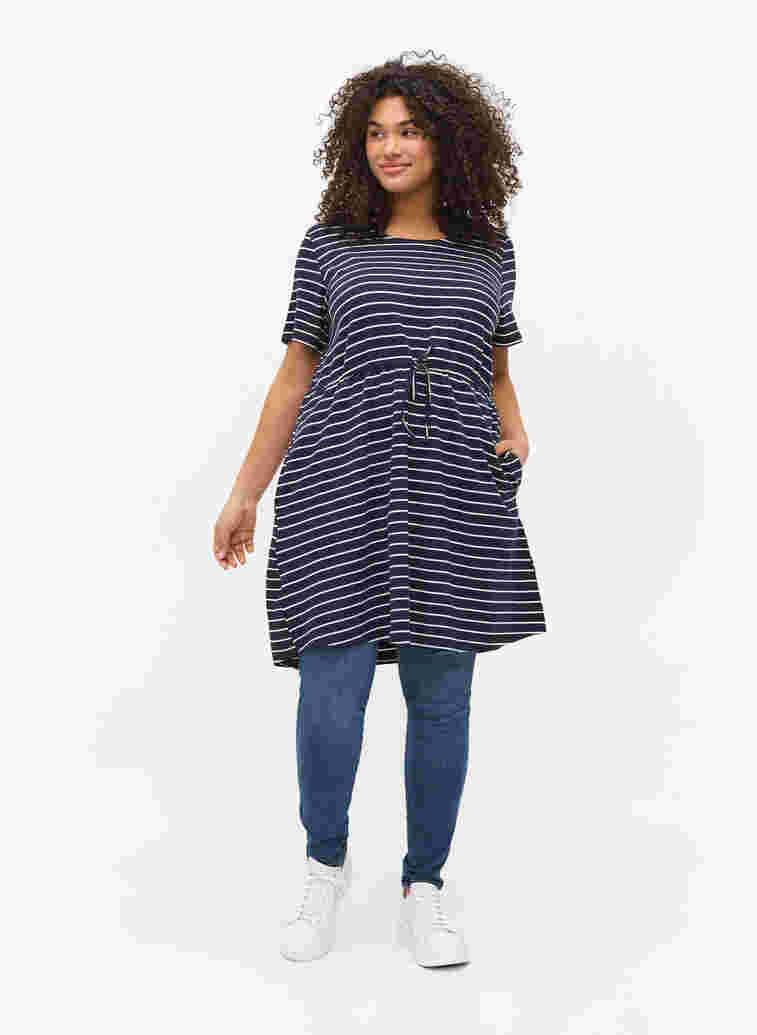 Short-sleeved cotton tunic with stripes, Blue Stripe, Model image number 2