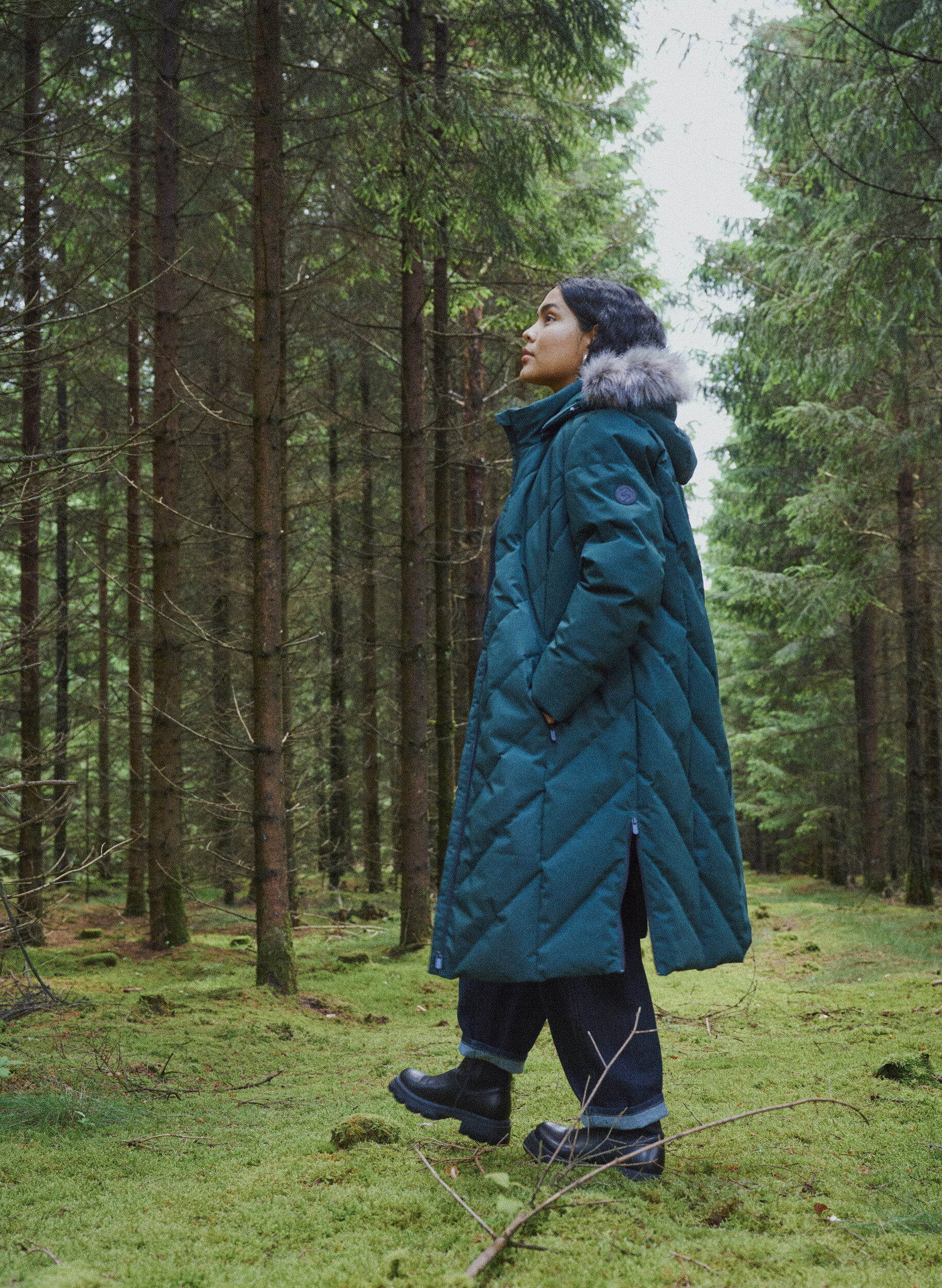 ZizzifashionLong winter coat with hook fastenings and a faux fur collar, Green, Image image number 0