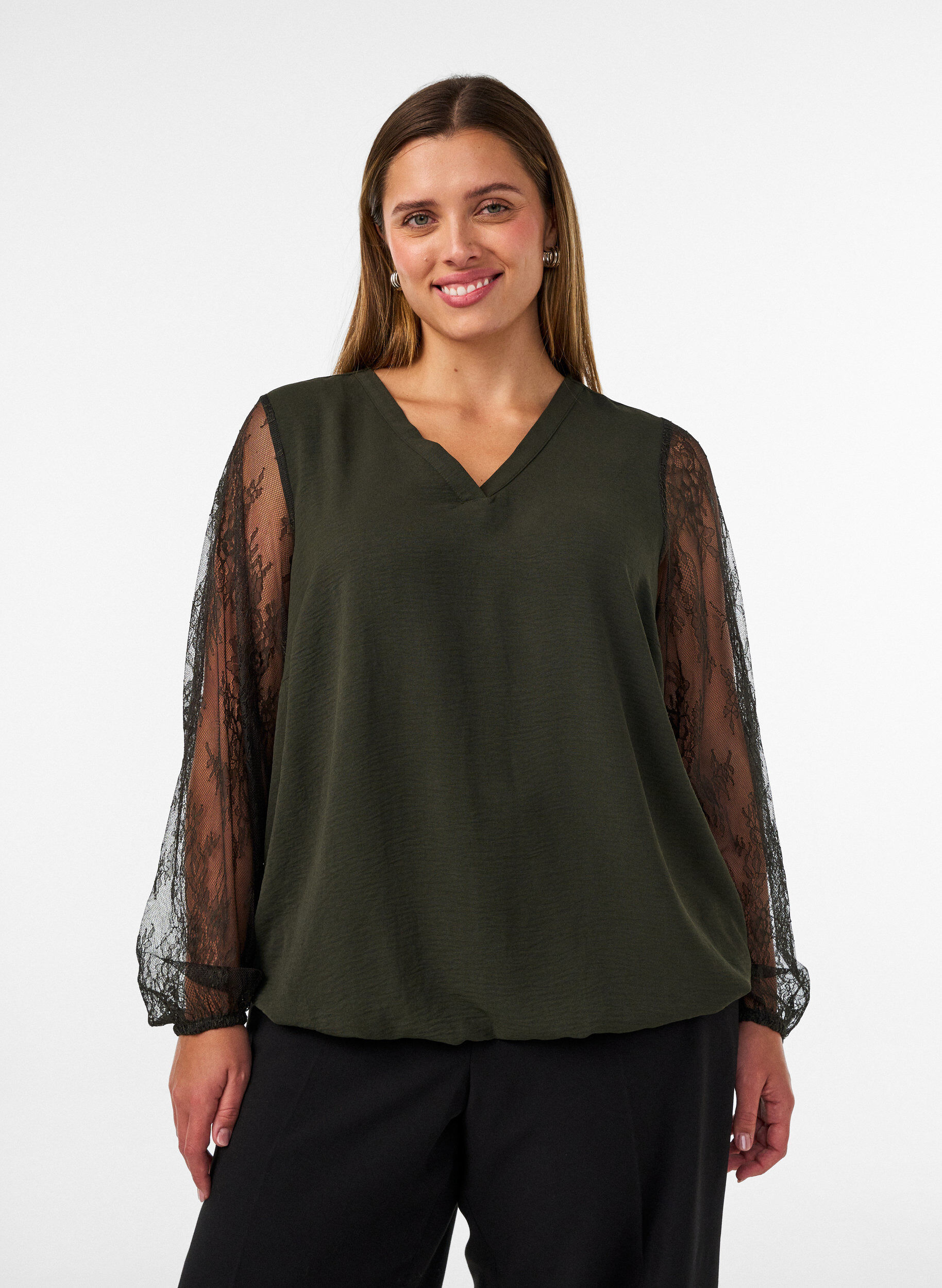 Blouse with lace sleeves and balloon shape, Green, Model