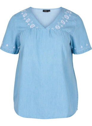 Short-sleeved blouse with embroidery, Light blue denim, Packshot image number 0