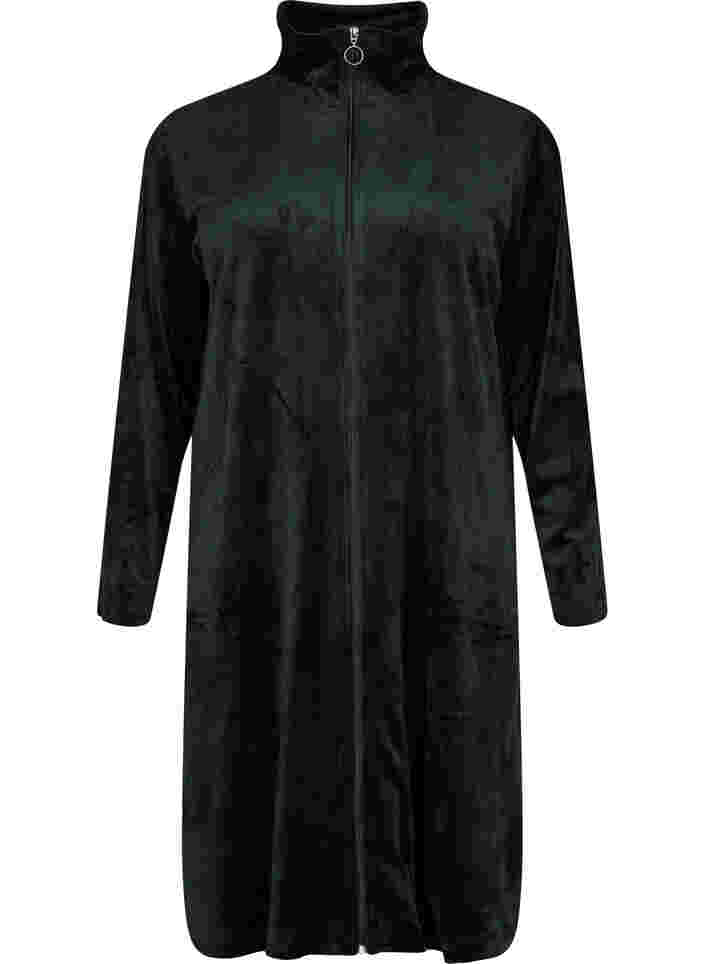 Velour robe with zip and pockets, Black, Packshot image number 0