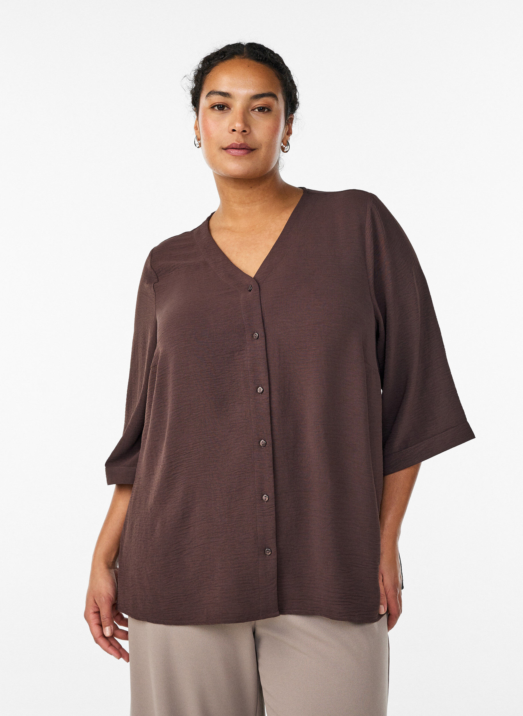 Zizzifashion Shirt blouse with V-neck and 3/4 sleeves, Brown, Model image number 0
