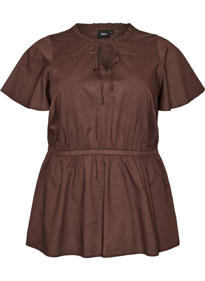 Cotton blouse with tie-string and elastic waist, Brown, Packshot image number 0