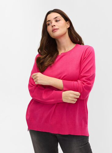 Knitted ribbed sweater with slit, Fuchsia Purple, Model image number 0