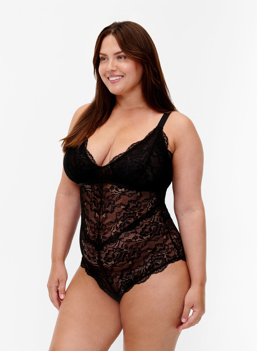 Lace bodystocking with v-neckline, Black, Model image number 2