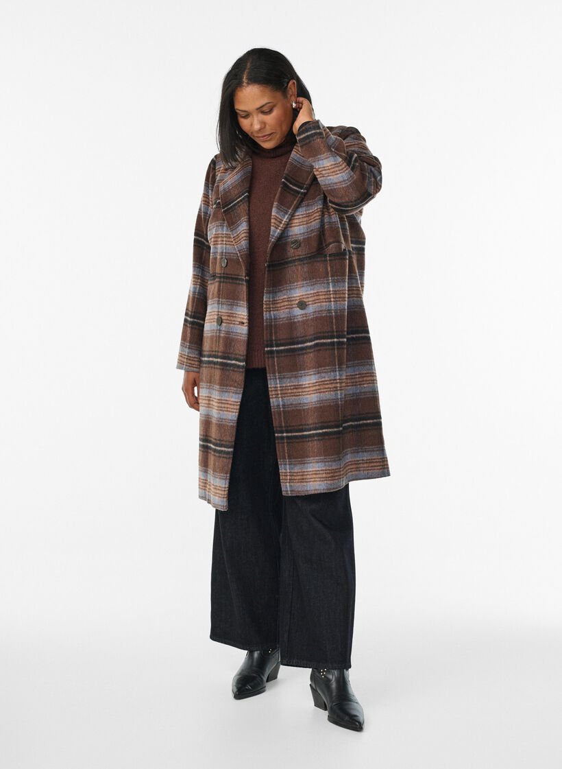 Brushed checked coat, Brown, Model image number 1