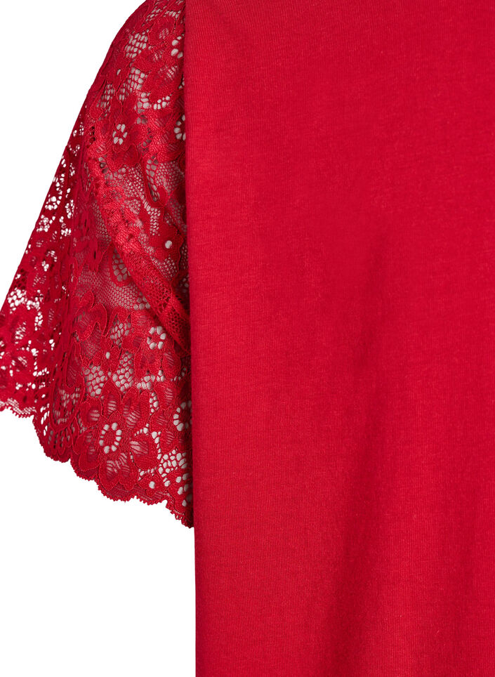 Cotton T-shirt with short lace sleeves, Red, Packshot image number 3