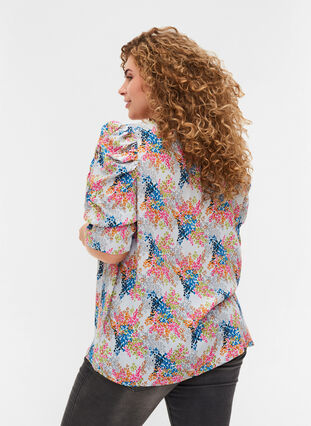 Printed viscose blouse with puff sleeves, Gray Dawn AOP, Model image number 1