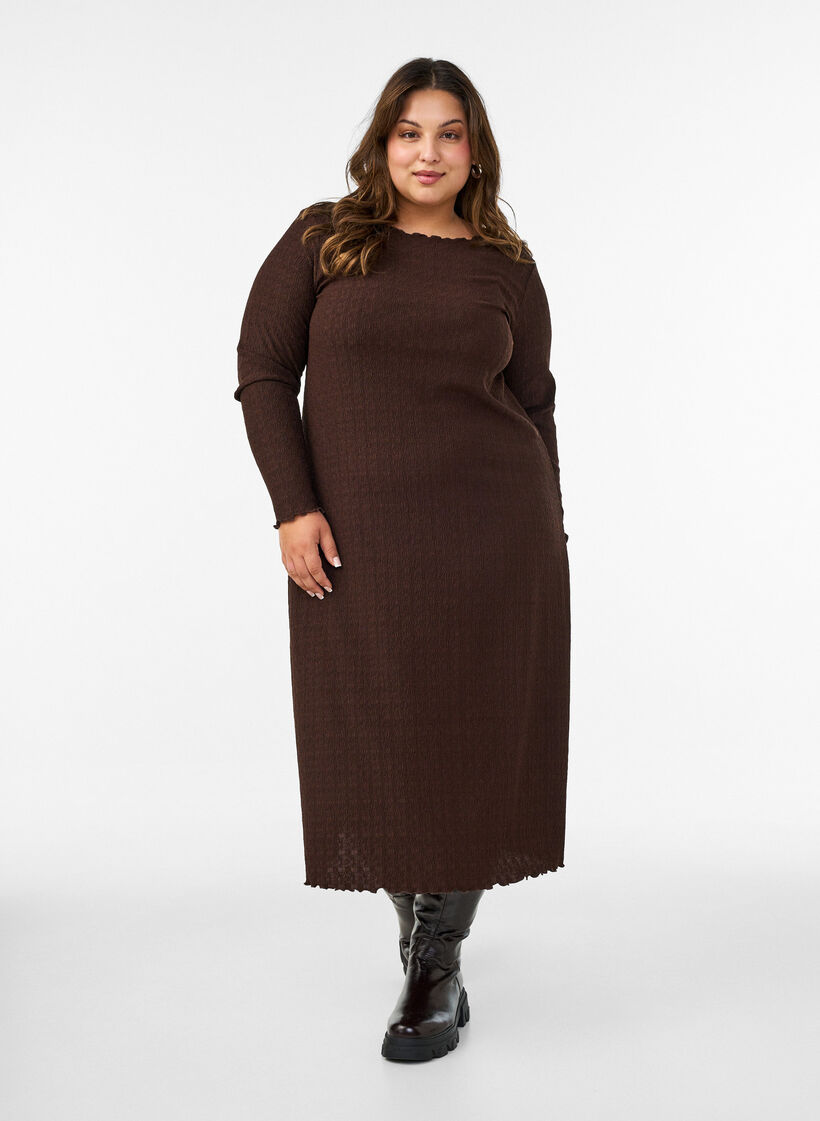 Midi dress with a wavy texture and long sleeves, Brown, Model image number 0