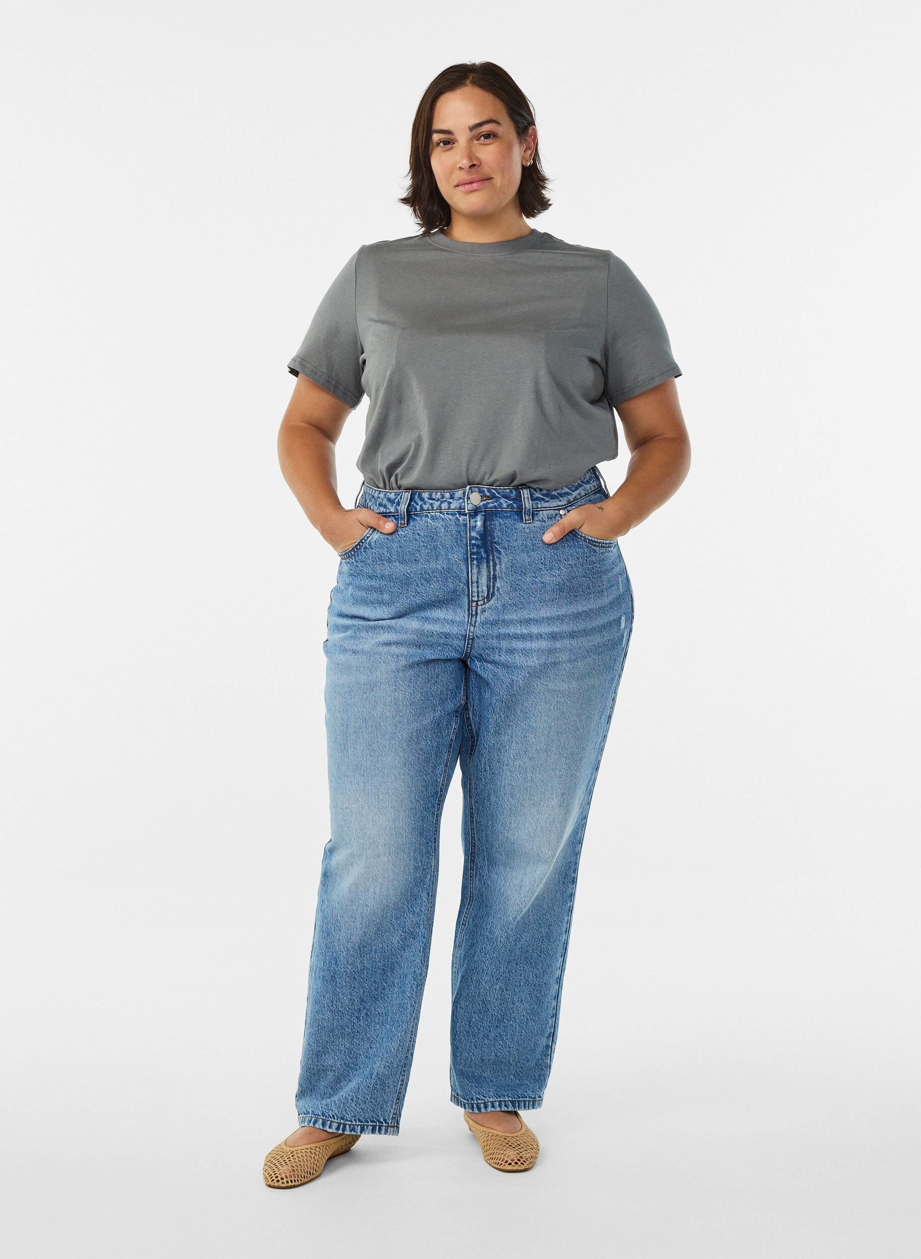 Zizzifashion Basic cotton T-shirt with round neck, Grey, Model image number 1