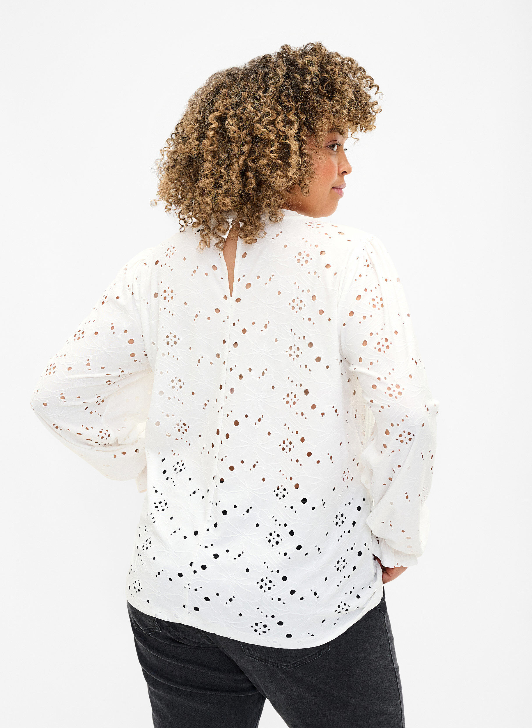 Zizzifashion Long-sleeved blouse with hole pattern, Bright White, Model image number 1