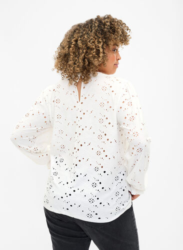 Long-sleeved blouse with hole pattern, Bright White, Model image number 1
