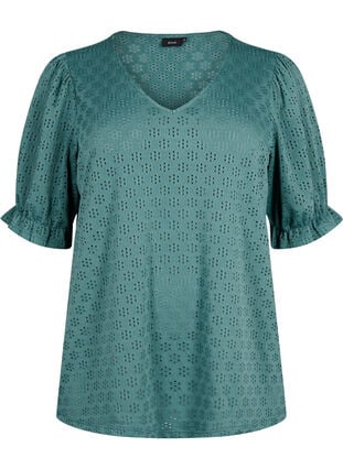V-neck blouse with hole pattern, Sea Pine, Packshot image number 0
