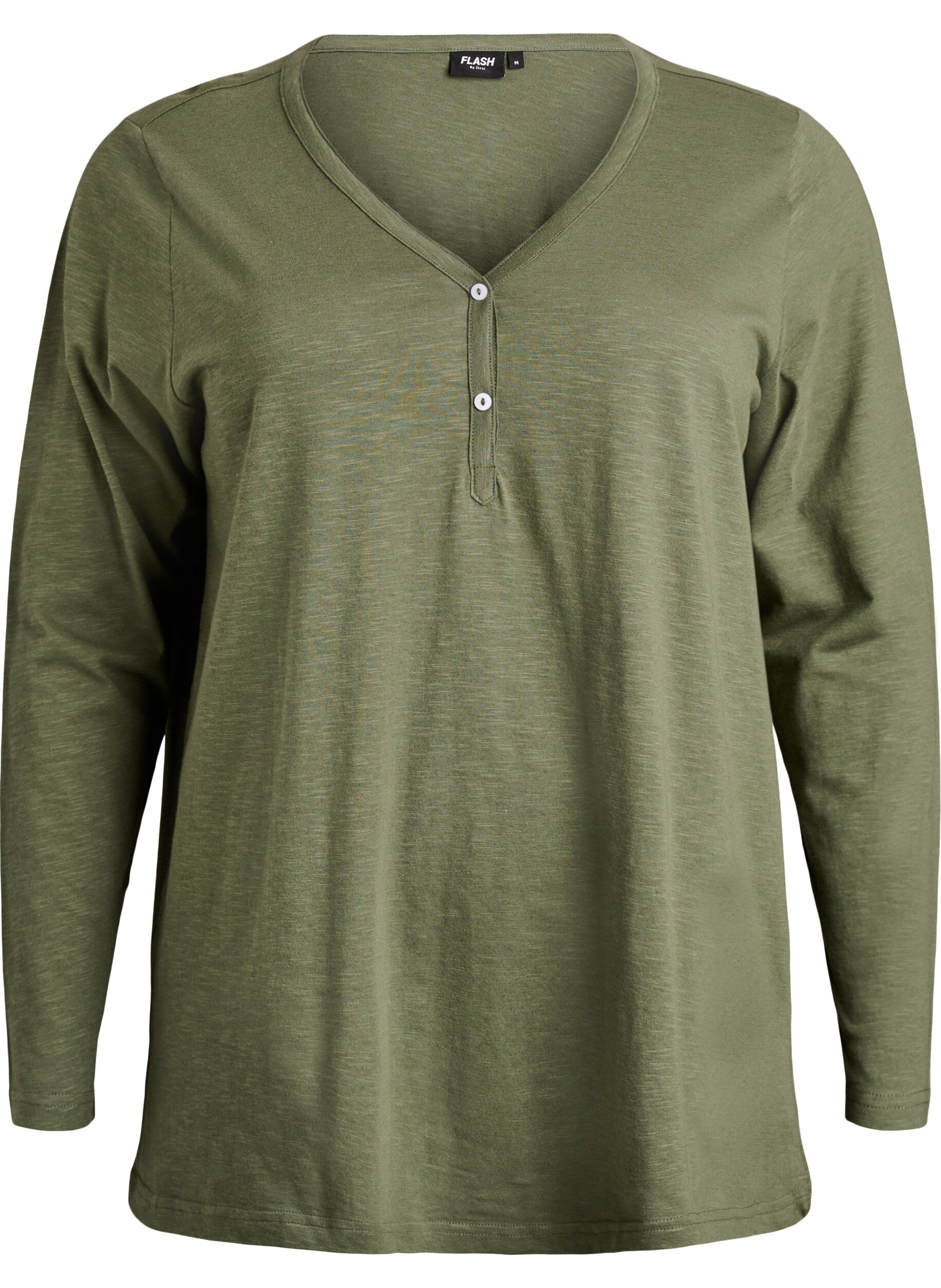 ZizzifashionLong-sleeved t-shirt with V-neck and buttons, Green, Packshot image number 0