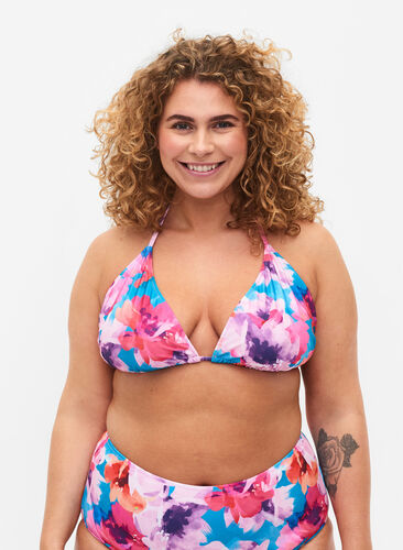Triangle bikini bra with print, Pink Flower, Model image number 0
