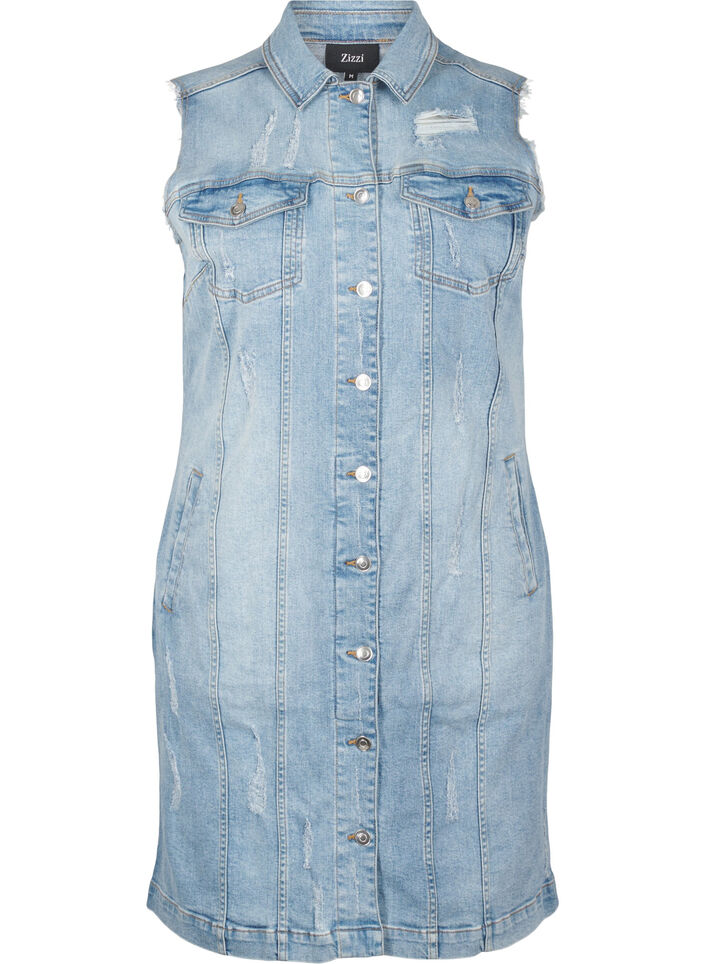 Sleeveless denim dress with raw edge details, Light Blue Denim, Packshot image number 0