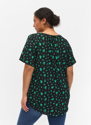 Printed blouse with short sleeves, Green Flower AOP, Model image number 1