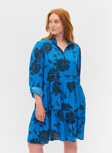 Floral viscose tunic with 3/4 sleeves, Blue Flower AOP, Model image number 0