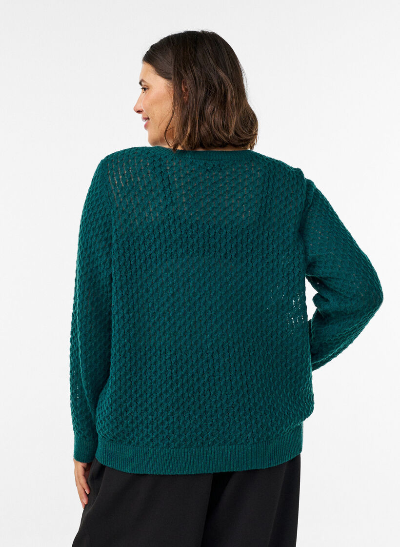 Knitted blouse with a textured openwork pattern, Green, Model image number 2