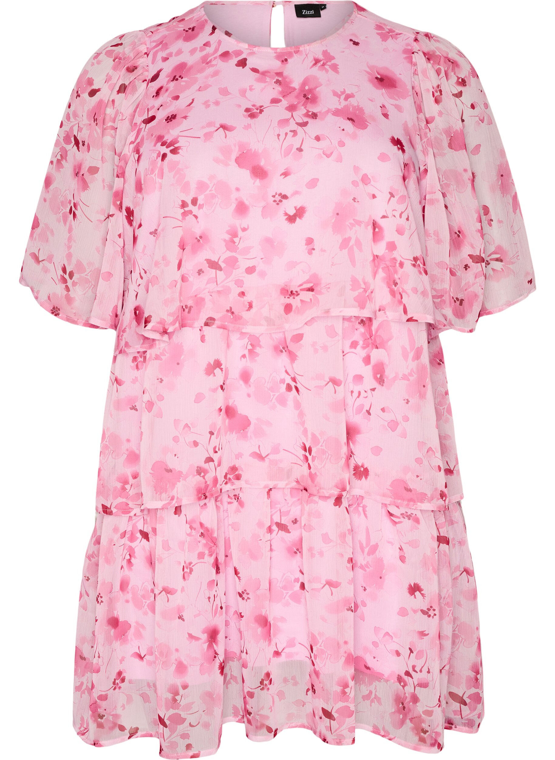 Zizzifashion Short chiffon-look dress with floral print and ruffle layers, Pink, Packshot image number 0