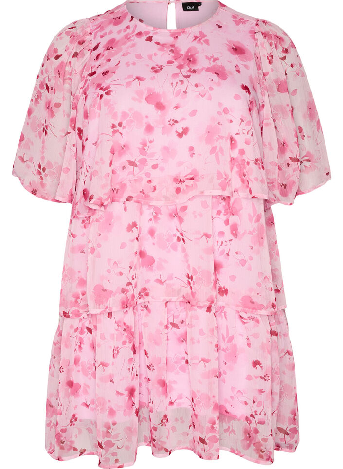 Short chiffon-look dress with floral print and ruffle layers, Pink, Packshot image number 0