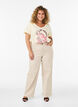 Cotton T-shirt with front print and V-neck, Beige, Model image number 1