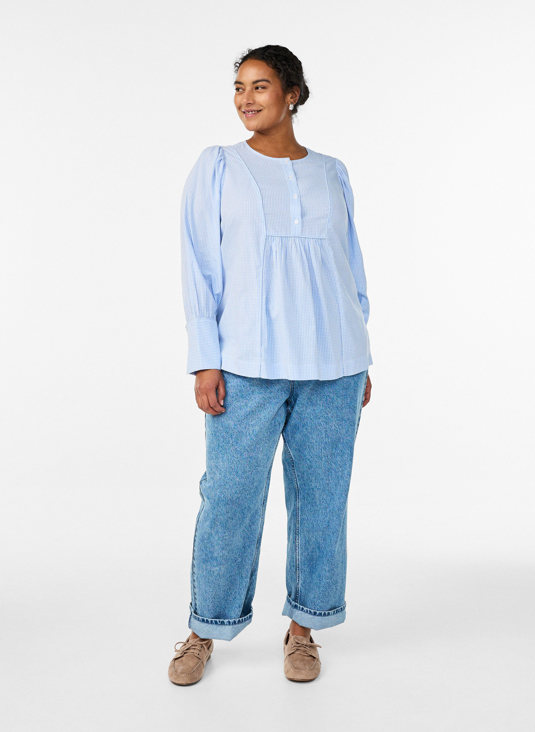 Zizzifashion A-line check blouse, Blue, Model image number 1