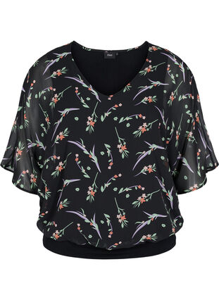 Top with floral print and 3/4-length sleeves, Black AOP, Packshot image number 0